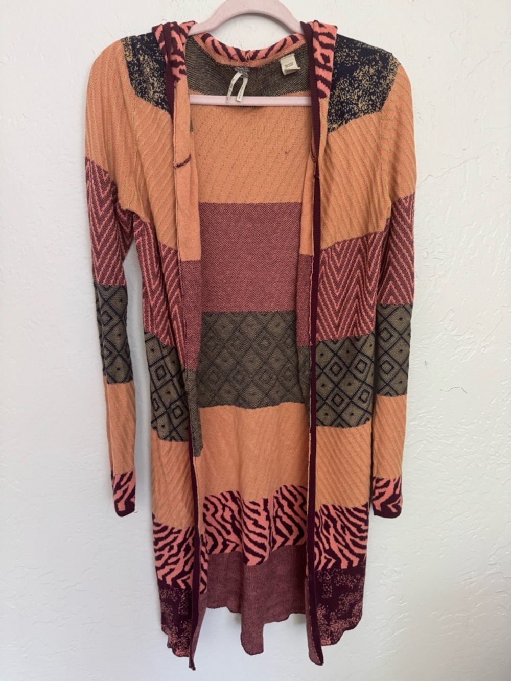 BKE Hooded Patchwork Cardigan in Peach, Olive & Rust